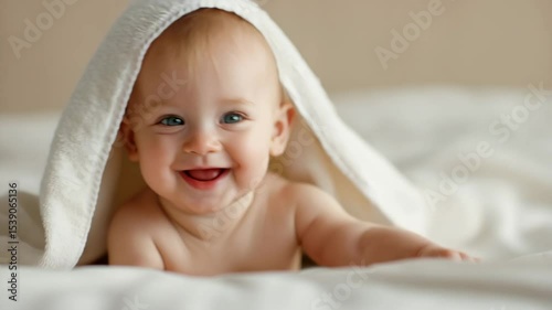 Happy cute child lies on the bed wrapped in a towel after bathing. Six month baby wearing towel after bath. Childhood and baby care concept, cute little newborn baby in white towel after bathing