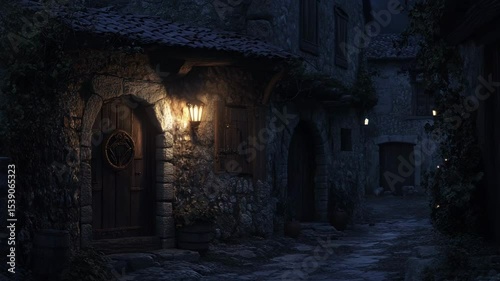 Medieval tavern exterior at night with minimal lighting and stone walls, perfect for time-lapse fantasy animation backgrounds