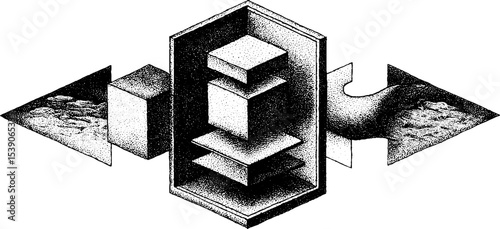 Abstract isometric design with collapsing box and bent arrow elements