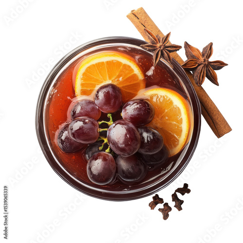 Refreshing Fruit Bowl with Grapes, Oranges, Cinnamon, and Star Anise in a Stylish Glass Dish on transparent background