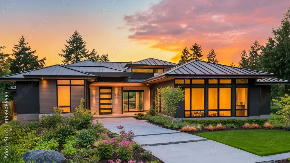 Modern architectural house glowing at sunset, featuring sleek facade, metal roofing, and lush front yard design