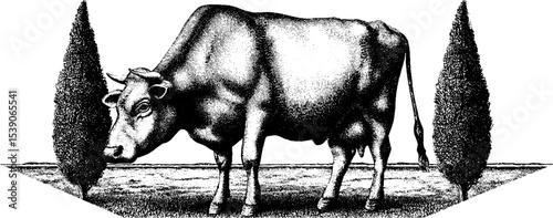 Vintage engraving style of cow grazing in pastoral landscape for rustic decor