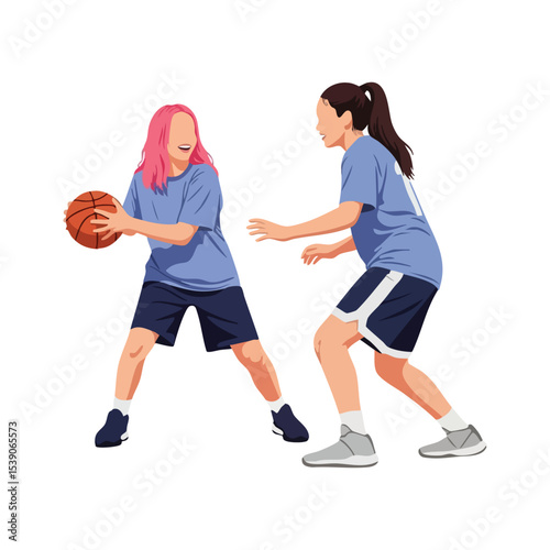 Flat Design Two Young Women Playing Basketball Match Illustration