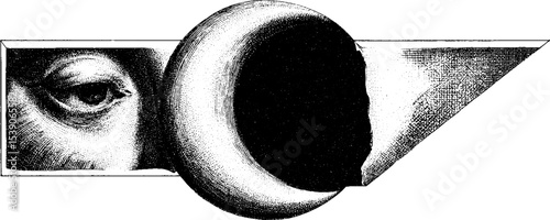 Surreal crescent moon and eye in dotwork tattoo style design for artistic inspiration