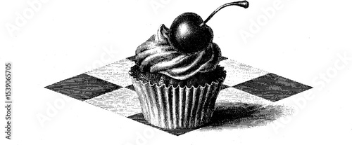 Vintage engraving style cupcake with cherry on top for bakery design