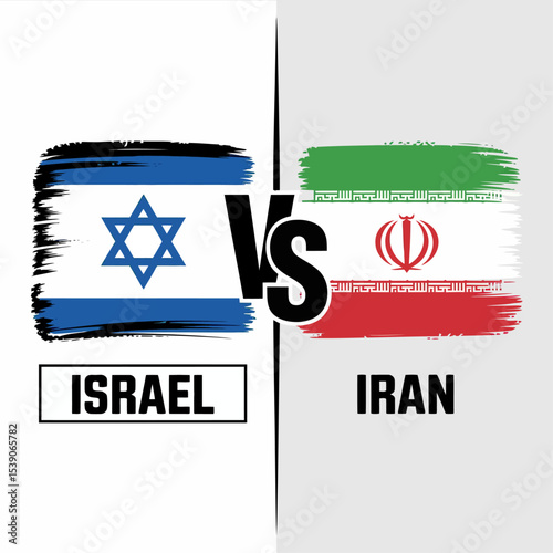 Minimalist illustration of Israel vs Iran with stylized brushstroke flags and bold "VS" text, symbolizing national rivalry, political confrontation, or international competition on neutral tones.

