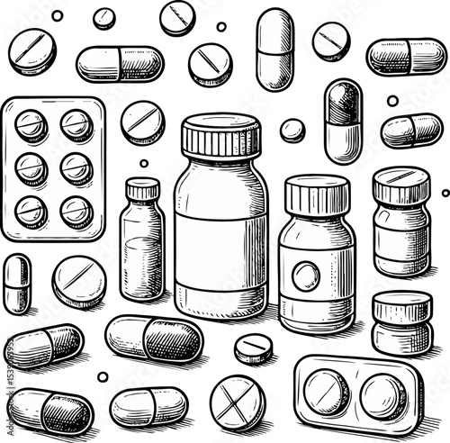 drug 31.epsHand-drawn pharmaceutical illustration featuring pills, capsules, bottles, and medical containers in a monochrome style. Perfect for healthcare, pharmacy, and medical-themed design projects