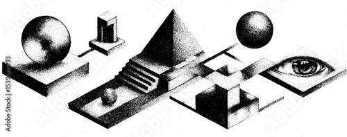 Disconnected grid with floating geometric shapes and eye illustration in isometric style for abstract design