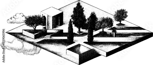 Isometric landscape with trees and architectural elements on disconnected grid