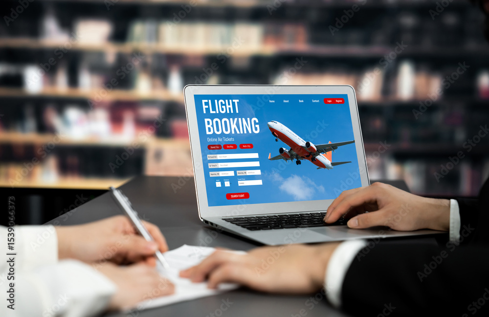 Fototapeta premium Online flight booking website provide brisk reservation system . Travel technology concept .
