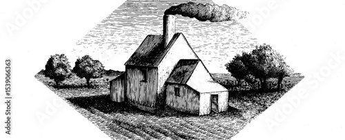 Rustic farmhouse with smoking chimney in vintage engraving style