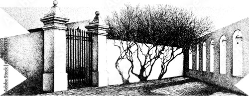 Ink sketch of fence gate and shadowed walkway with trees and arched walls