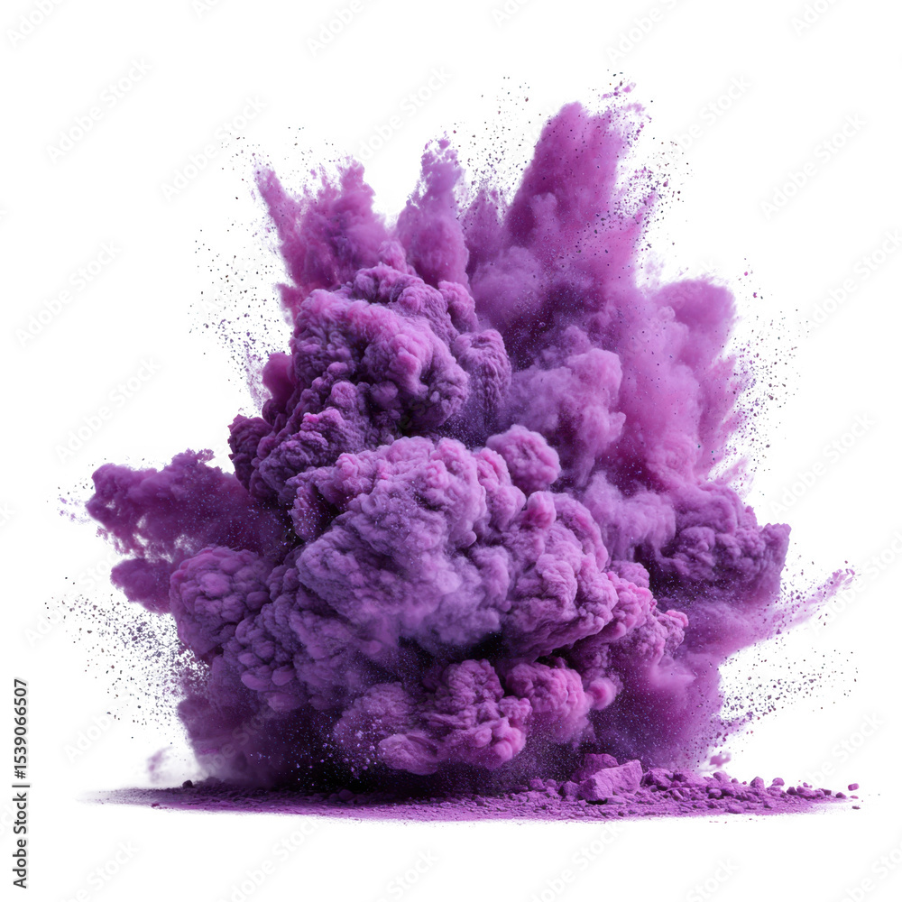 Naklejka premium Purple powder explosion with dust particles, vibrant color isolated on transparent background