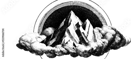 Surreal floating mountain with sacred geometry elements for mystical art and design