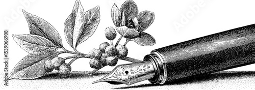 Elegant fountain pen with leather notebook and botanical elements dotwork tattoo design