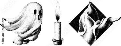 Spooky ghost and candle flame dotwork designs for tattoo inspiration
