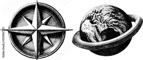 Vintage globe and compass rose dotwork tattoo design for navigation and exploration themes