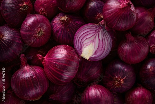 A pile of red onions, with one sliced open to reveal the center. The background is dark and full of vibrant purple onions
Vibrant red onion heap, a close-up 