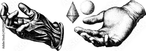 Artistic glove and snowball in dotwork tattoo style for winter design and inspiration