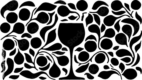 Minimalist black and white grapevine and wine glass design for art print