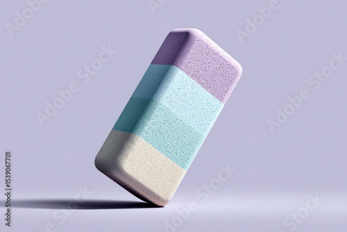 A vibrant multicolored eraser hovers above a soft, plain background, highlighting its unique design and texture