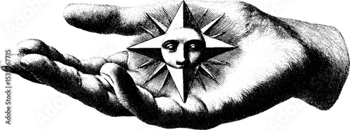 Surreal collage with hand and star map featuring face for dreamlike art design