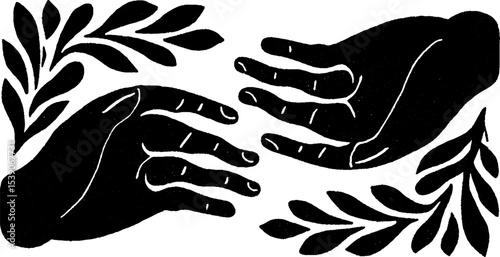 Minimalist black and white art of hands gently touching with botanical elements