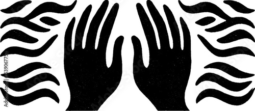 Minimalist black and white art of hands gently touching with abstract waves