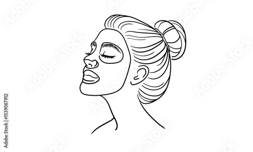 Girl applying moisturizing sheet mask on face, in profile, continious line drawing. Spa salon, body care, beauty routine outline. Vector illustration