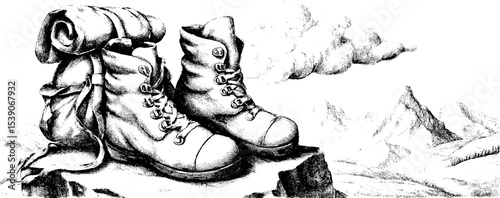 Outdoor adventure dotwork tattoo design with hiking boots and backpack
