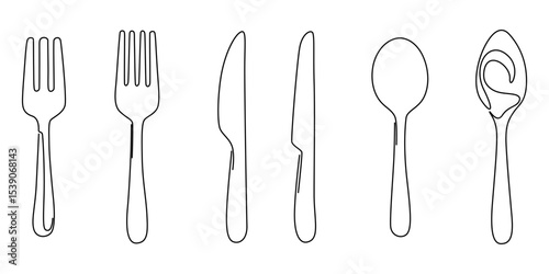 Fork and knife in one continuous line in color. One line drawing, minimalism. Vector illustration, Spoon, fork and knife in continuous line drawing style. Line art silhouette of cutlery vector 
