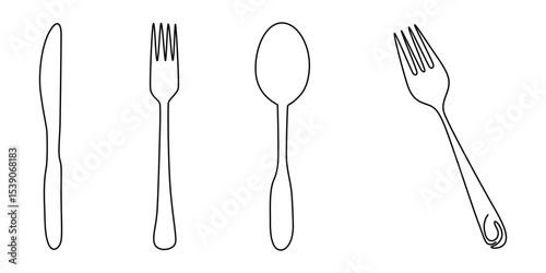 Fork and knife in one continuous line in color. One line drawing, minimalism. Vector illustration, Spoon, fork and knife in continuous line drawing style. Line art silhouette of cutlery vector 