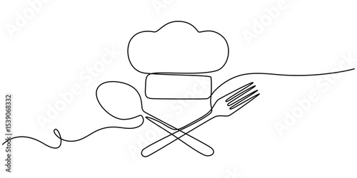 Fork, knife, spoon with plate and chef's cap continuous one line drawing, One single line drawing of chef hat or cap with fork and spoon for restaurant vector graphic illustration. Elegant cafe badge