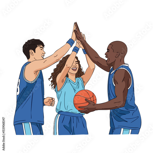 Flat Cartoon Illustration of Three Basketball Players Doing a High Five Celebration