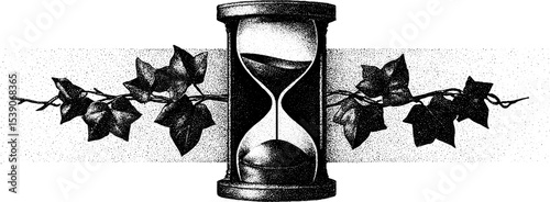 Intricate dotwork tattoo design featuring hourglass and ivy vine motif
