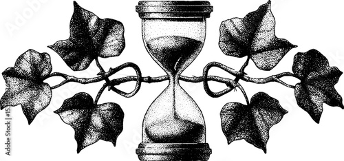 Hourglass and ivy vine dotwork tattoo design with intricate detailing