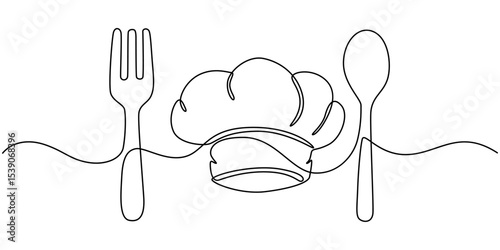 Fork, knife, spoon with plate and chef's cap continuous one line drawing, One single line drawing of chef hat or cap with fork and spoon for restaurant vector graphic illustration. Elegant cafe badge