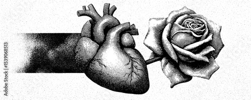 Surreal collage featuring human heart and blooming rose in engraved style