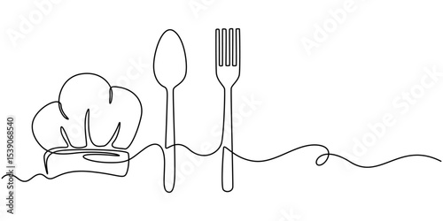 Fork, knife, spoon with plate and chef's cap continuous one line drawing, One single line drawing of chef hat or cap with fork and spoon for restaurant vector graphic illustration. Elegant cafe badge