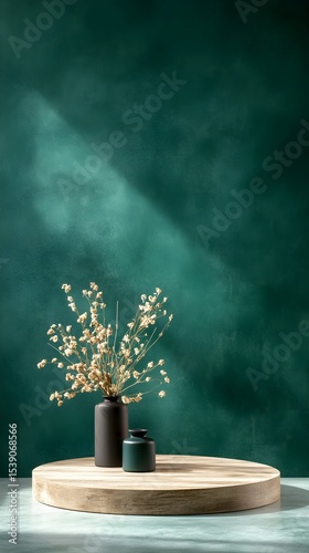 Dried flowers, dark vase, wood platform, green wall, sunlit