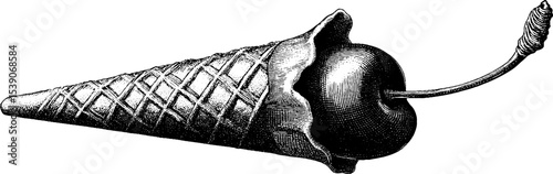 Ice cream cone and cherry in dotwork tattoo style for artistic designs