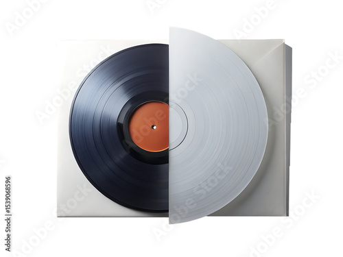 A vinyl record half black with orange center and half white in a white sleeve on a white background