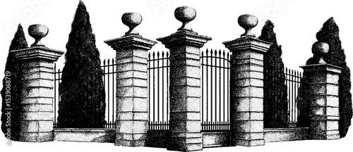 Ink sketch of elegant iron gate and stone pillars with cypress trees