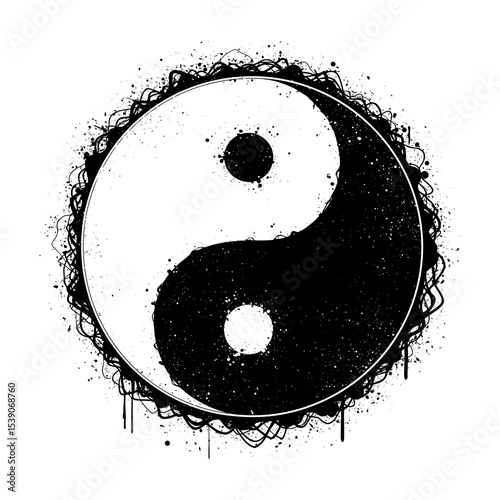 Yin Yang symbol in black and white with artistic splatter background  