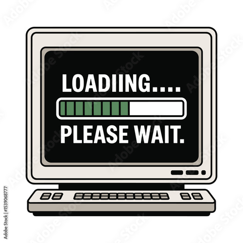 Retro Computer with Loading Bar and Please Wait Message Displayed