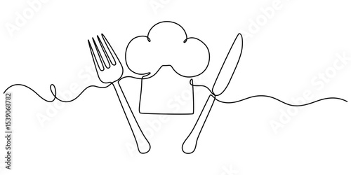 Fork, knife, spoon with plate and chef's cap continuous one line drawing, One single line drawing of chef hat or cap with fork and spoon for restaurant vector graphic illustration. Elegant cafe badge
