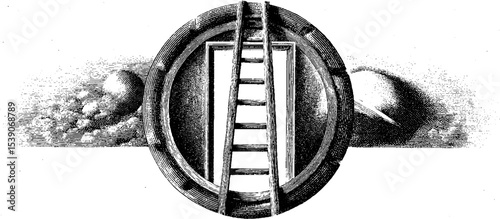 Surreal collage with ladder to stars and open door in circular frame