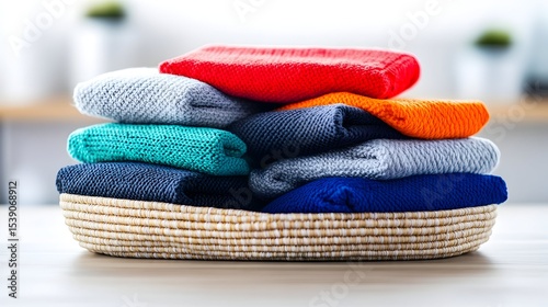 Folded clothes basket, home interior, bright room, laundry