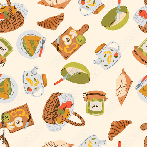 Hand drawn autumn pattern. Hello autumn. Collection of fall season scrapbooking elements with sweets, home leisure. Background for fabric, wallpaper or gift wrapping print