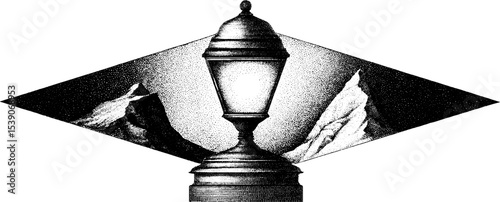 Lantern and mountain path in dotwork tattoo style for unique artistic design